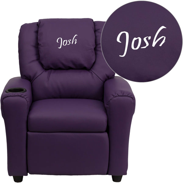 Purple Vinyl |#| Personalized Purple Vinyl Kids Recliner with Cup Holder and Headrest