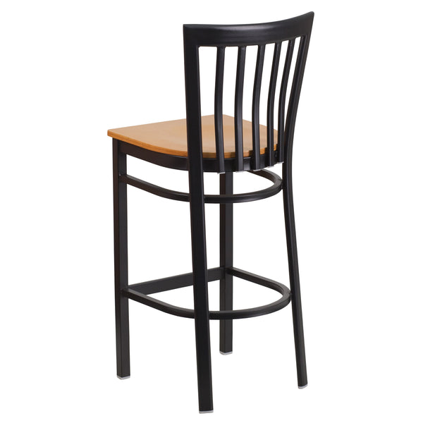 Natural Wood Seat/Black Metal Frame |#| Black School House Back Metal Restaurant Barstool - Natural Wood Seat