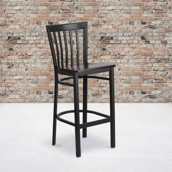Walnut Wood Seat/Black Metal Frame |#| Black School House Back Metal Restaurant Barstool - Walnut Wood Seat