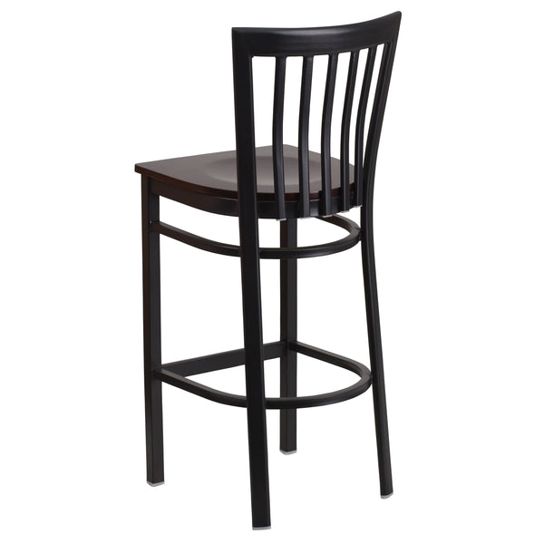 Walnut Wood Seat/Black Metal Frame |#| Black School House Back Metal Restaurant Barstool - Walnut Wood Seat