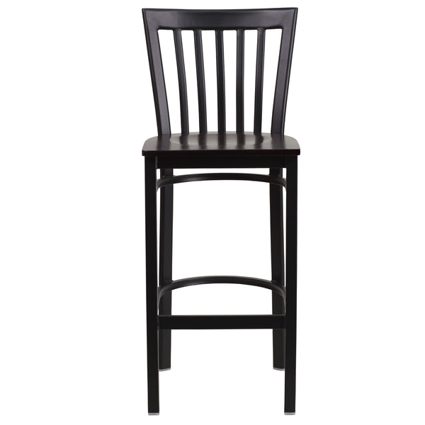 Walnut Wood Seat/Black Metal Frame |#| Black School House Back Metal Restaurant Barstool - Walnut Wood Seat