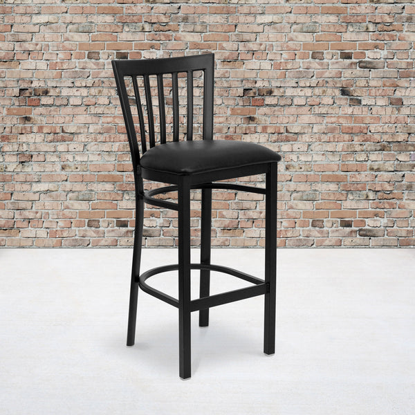 Black Vinyl Seat/Black Metal Frame |#| Black School House Back Metal Restaurant Barstool - Black Vinyl Seat
