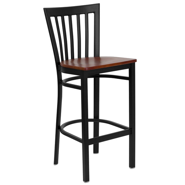 Cherry Wood Seat/Black Metal Frame |#| Black School House Back Metal Restaurant Barstool - Cherry Wood Seat