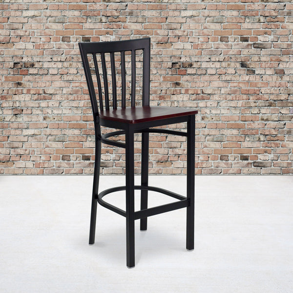 Mahogany Wood Seat/Black Metal Frame |#| Black School House Back Metal Restaurant Barstool - Mahogany Wood Seat