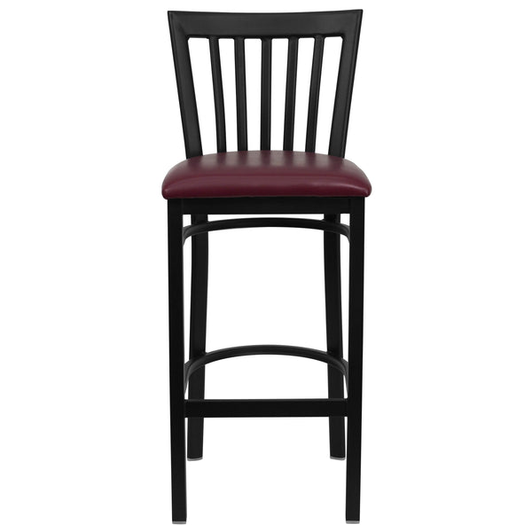 Burgundy Vinyl Seat/Black Metal Frame |#| Black School House Back Metal Restaurant Barstool - Burgundy Vinyl Seat