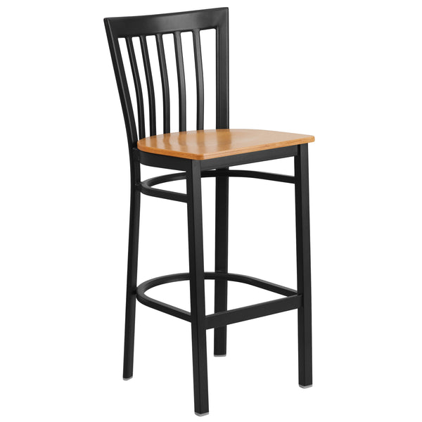 Natural Wood Seat/Black Metal Frame |#| Black School House Back Metal Restaurant Barstool - Natural Wood Seat