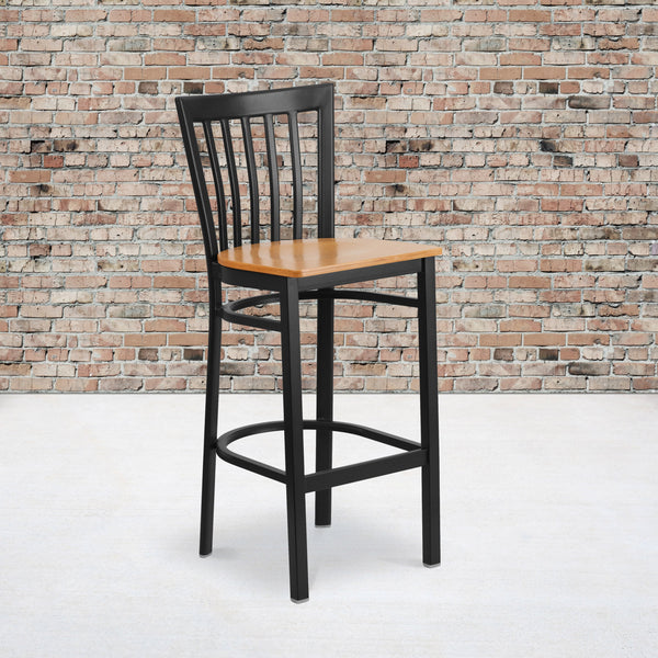 Natural Wood Seat/Black Metal Frame |#| Black School House Back Metal Restaurant Barstool - Natural Wood Seat