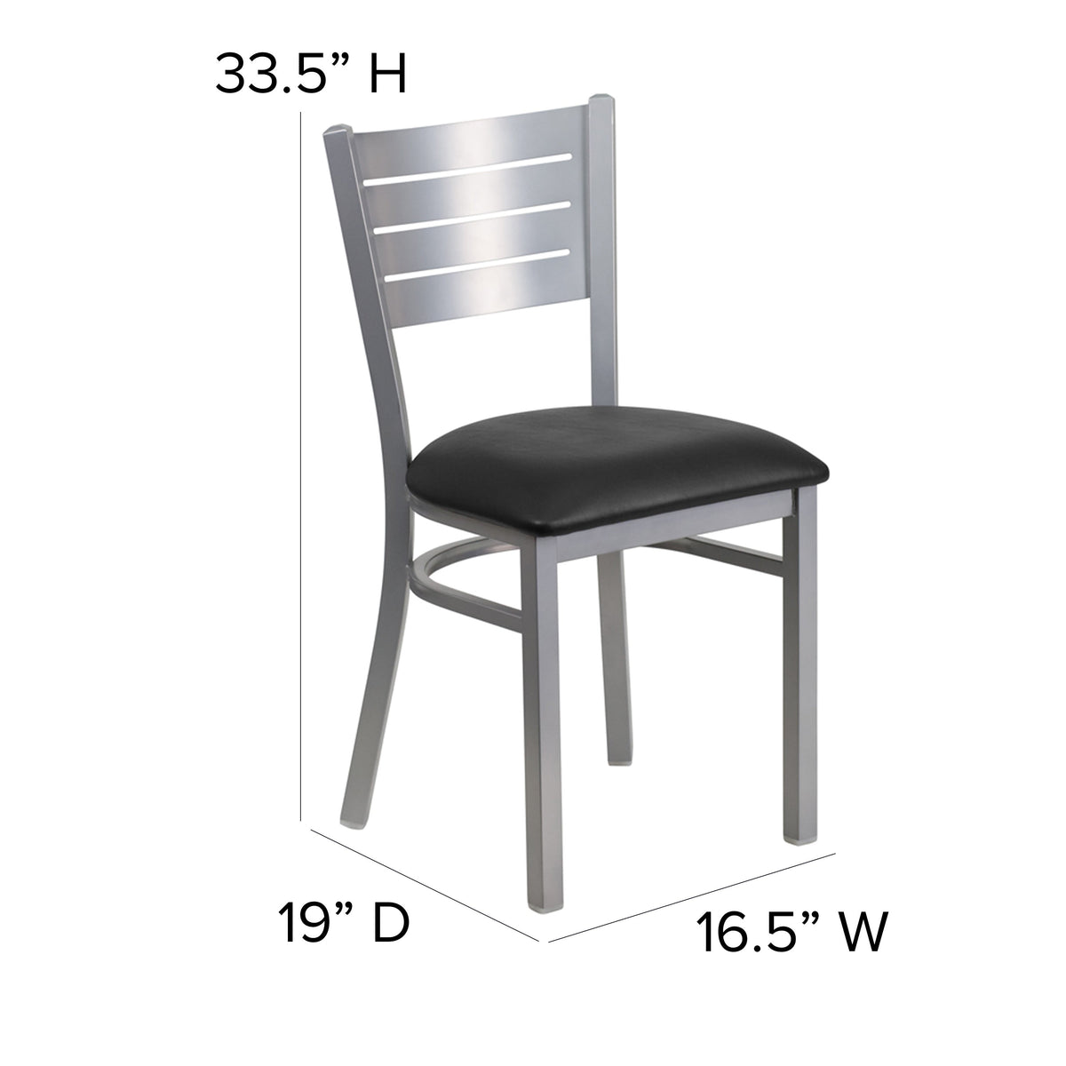 Black Vinyl Seat/Silver Frame |#| Silver Slat Back Metal Restaurant Chair - Black Vinyl Seat