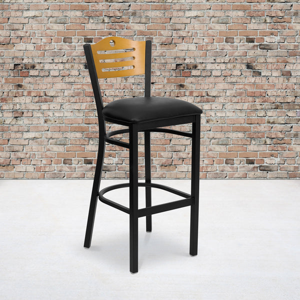 Natural Wood Back/Black Vinyl Seat/Black Metal Frame |#| Black Slat Back Metal Restaurant Barstool - Natural Wood Back, Black Vinyl Seat