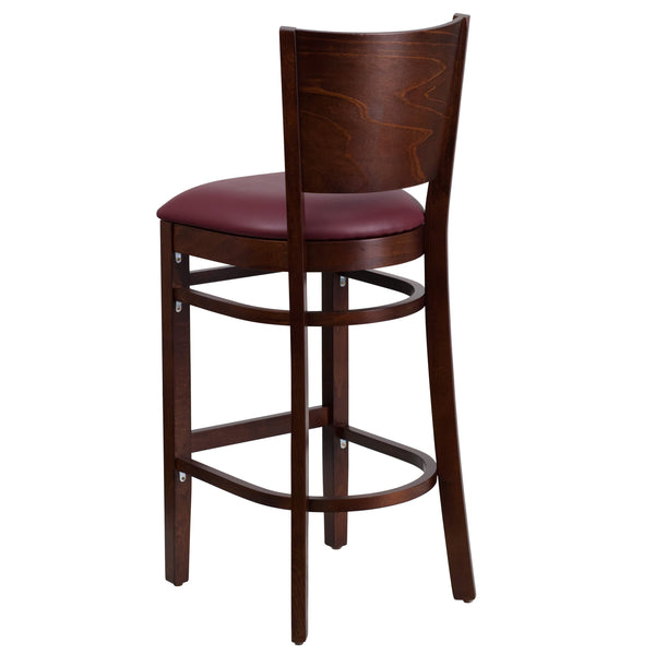 Burgundy Vinyl Seat/Walnut Wood Frame |#| Solid Back Walnut Wood Restaurant Barstool - Burgundy Vinyl Seat