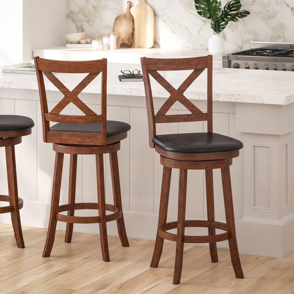 Black Vinyl/Antique Oak Frame |#| 30inch Crossback Wooden Swivel Stool - Padded Seat-Antique Oak/Black Faux Leather