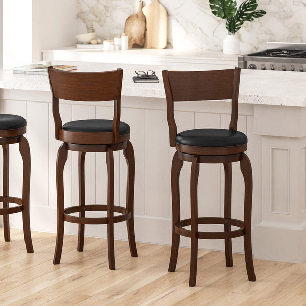 Black Vinyl/Antique Oak Frame |#| 30inch Open Back Wooden Swivel Stool - Padded Seat-Antique Oak/Black Faux Leather