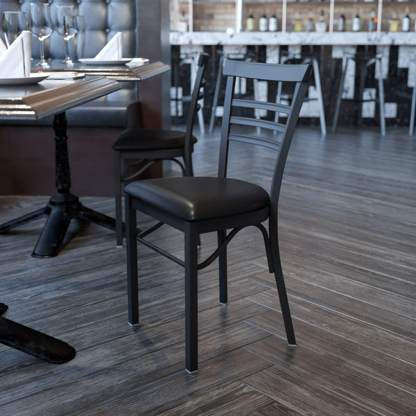 Black Vinyl Seat/Black Metal Frame |#| Black Three-Slat Ladder Back Metal Restaurant Chair - Black Vinyl Seat