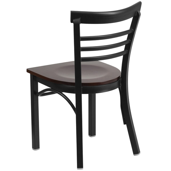 Walnut Wood Seat/Black Metal Frame |#| Black Three-Slat Ladder Back Metal Restaurant Chair - Walnut Wood Seat