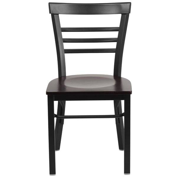 Walnut Wood Seat/Black Metal Frame |#| Black Three-Slat Ladder Back Metal Restaurant Chair - Walnut Wood Seat