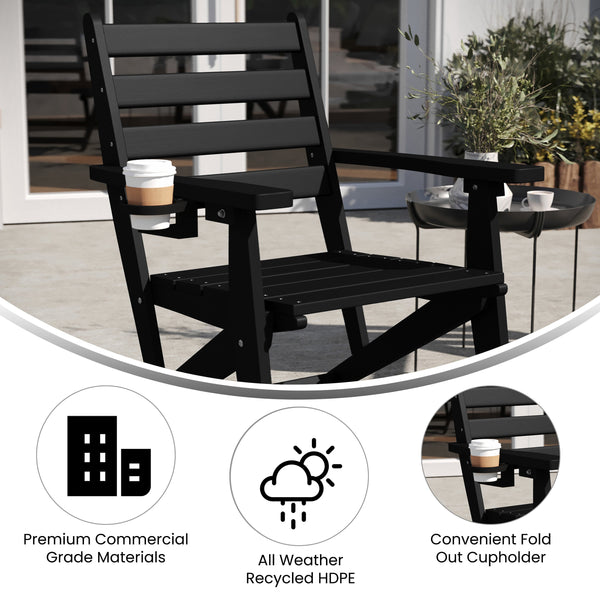 Black |#| All-Weather Commercial Adirondack Dining Chair with Fold Out Cupholder - Black