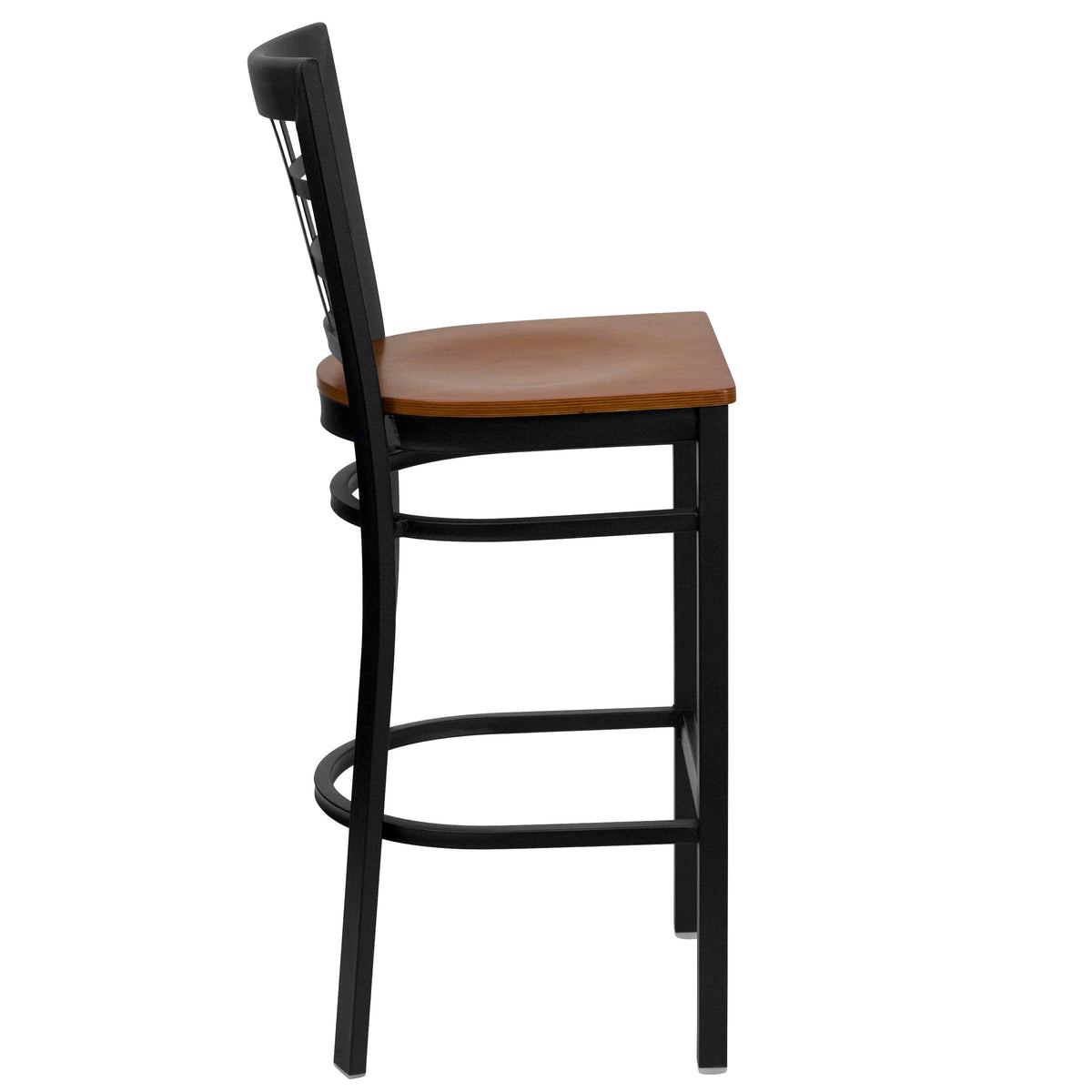 Cherry Wood Seat/Black Metal Frame |#| Black Window Back Metal Restaurant Barstool - Cherry Wood Seat