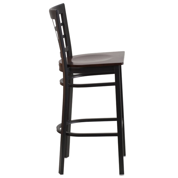 Walnut Wood Seat/Black Metal Frame |#| Black Window Back Metal Restaurant Barstool - Walnut Wood Seat