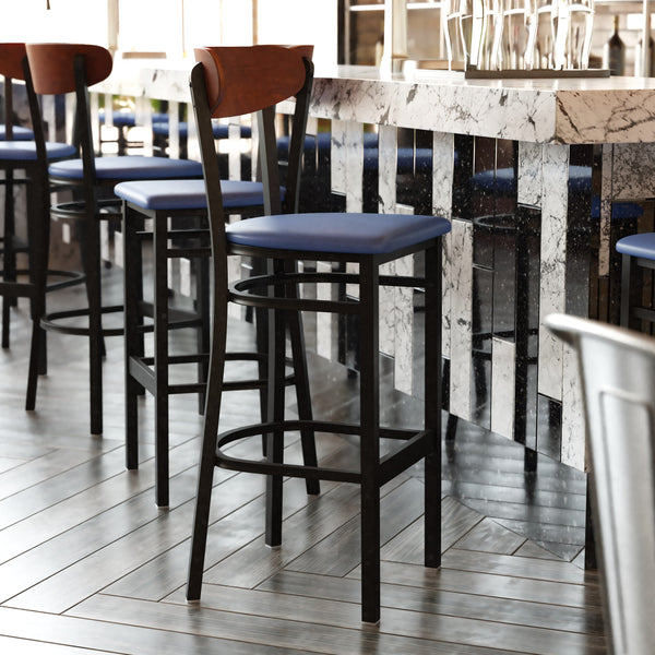 Walnut Wood Back/Blue Vinyl Seat |#| Commercial Metal Barstool with Vinyl Seat and Wood Boomerang Back-Blue/Walnut