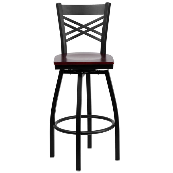Mahogany Wood Seat/Black Metal Frame |#| Black inchXinch Back Swivel Metal Barstool - Mahogany Wood Seat