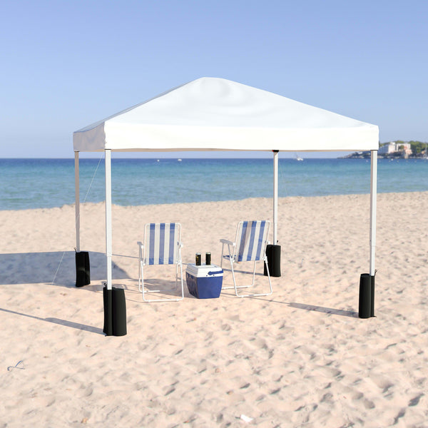 White |#| 10'x10' White Pop Up Straight Leg Canopy Tent With Sandbags and Wheeled Case