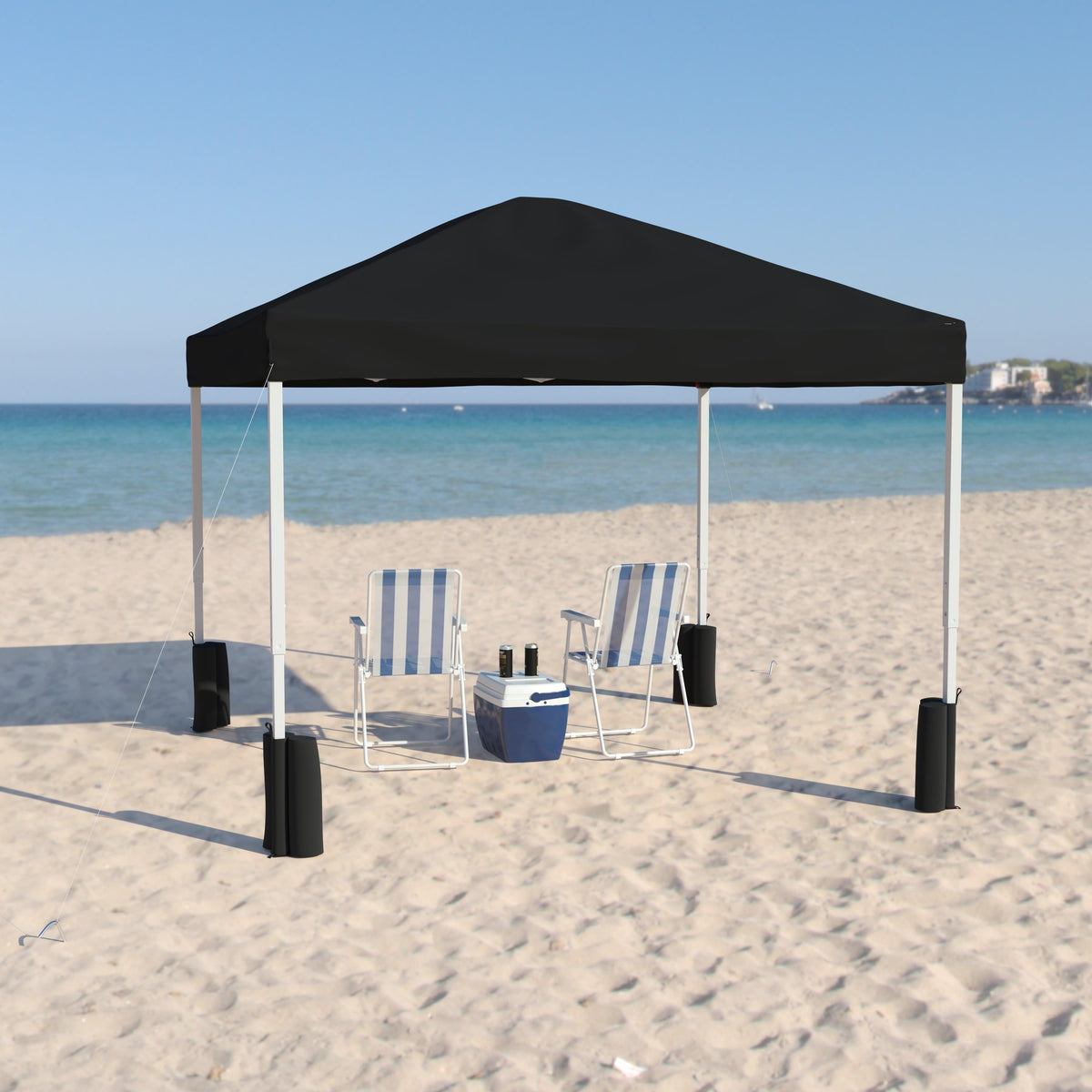 Black |#| 10'x10' Black Pop Up Straight Leg Canopy Tent With Sandbags and Wheeled Case