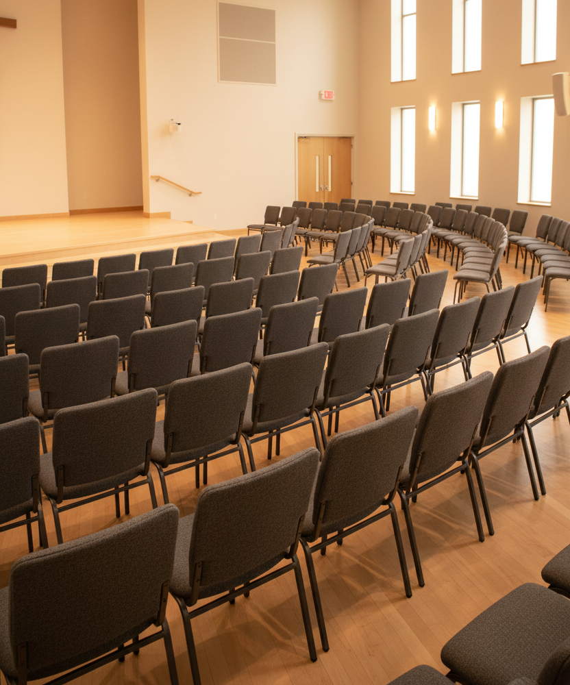 18.5 inch church chairs in an event space indoors