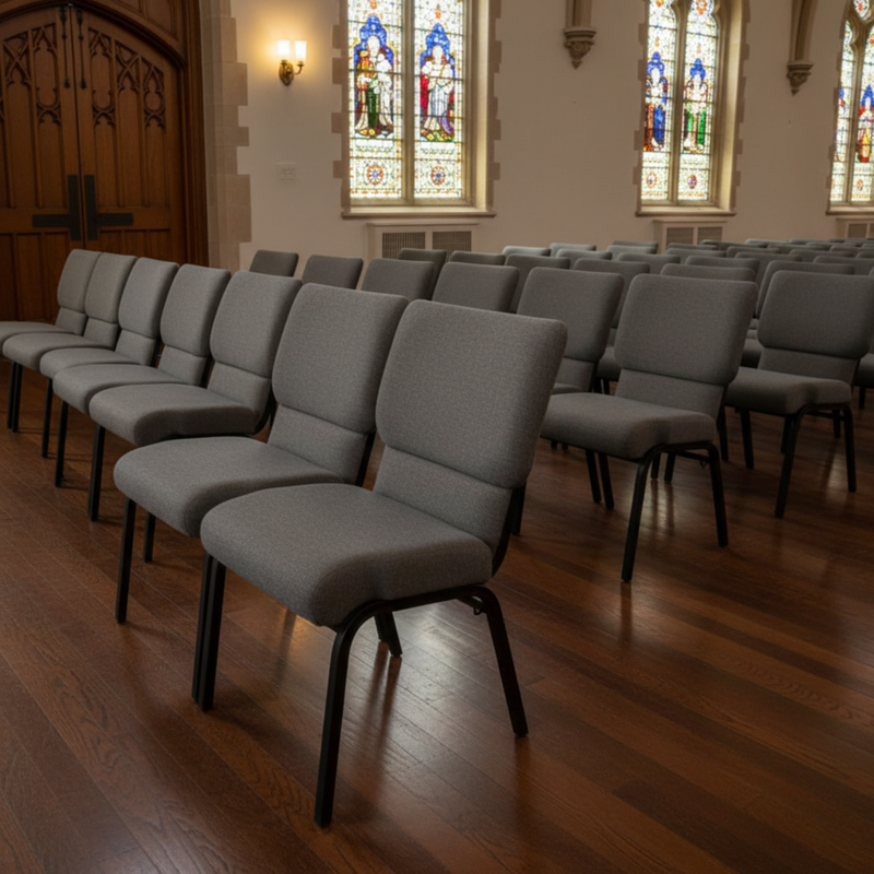 church chairs in a wood floored sanctuary