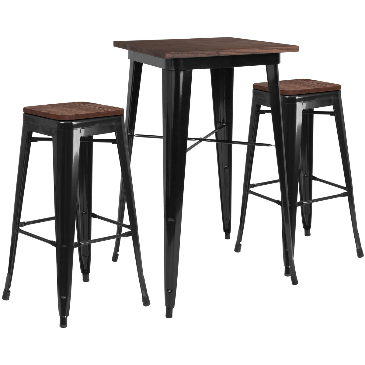 Black |#| 23.5inch Square Black Metal Bar Table Set with Wood Top and 2 Backless Stools