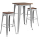 Silver |#| 23.5inch Square Silver Metal Bar Table Set with Wood Top and 2 Backless Stools