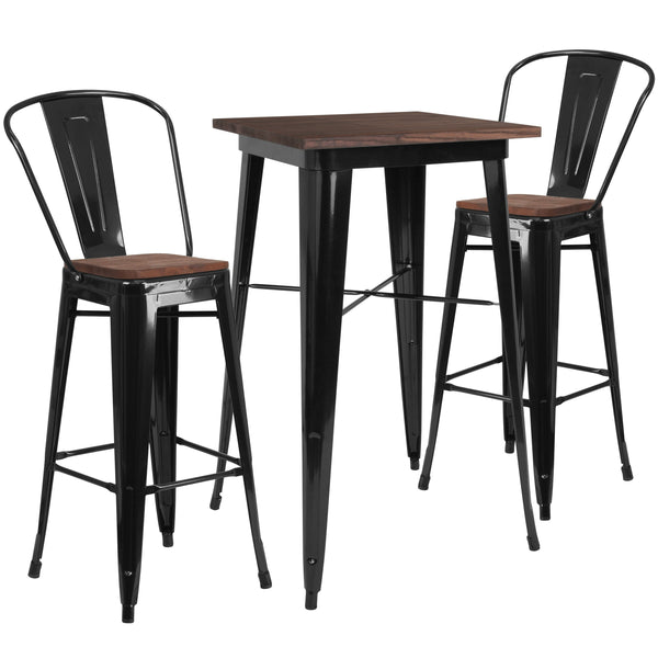 Black |#| 23.5inch Square Black Metal Bar Table Set with Wood Top and 2 Stools