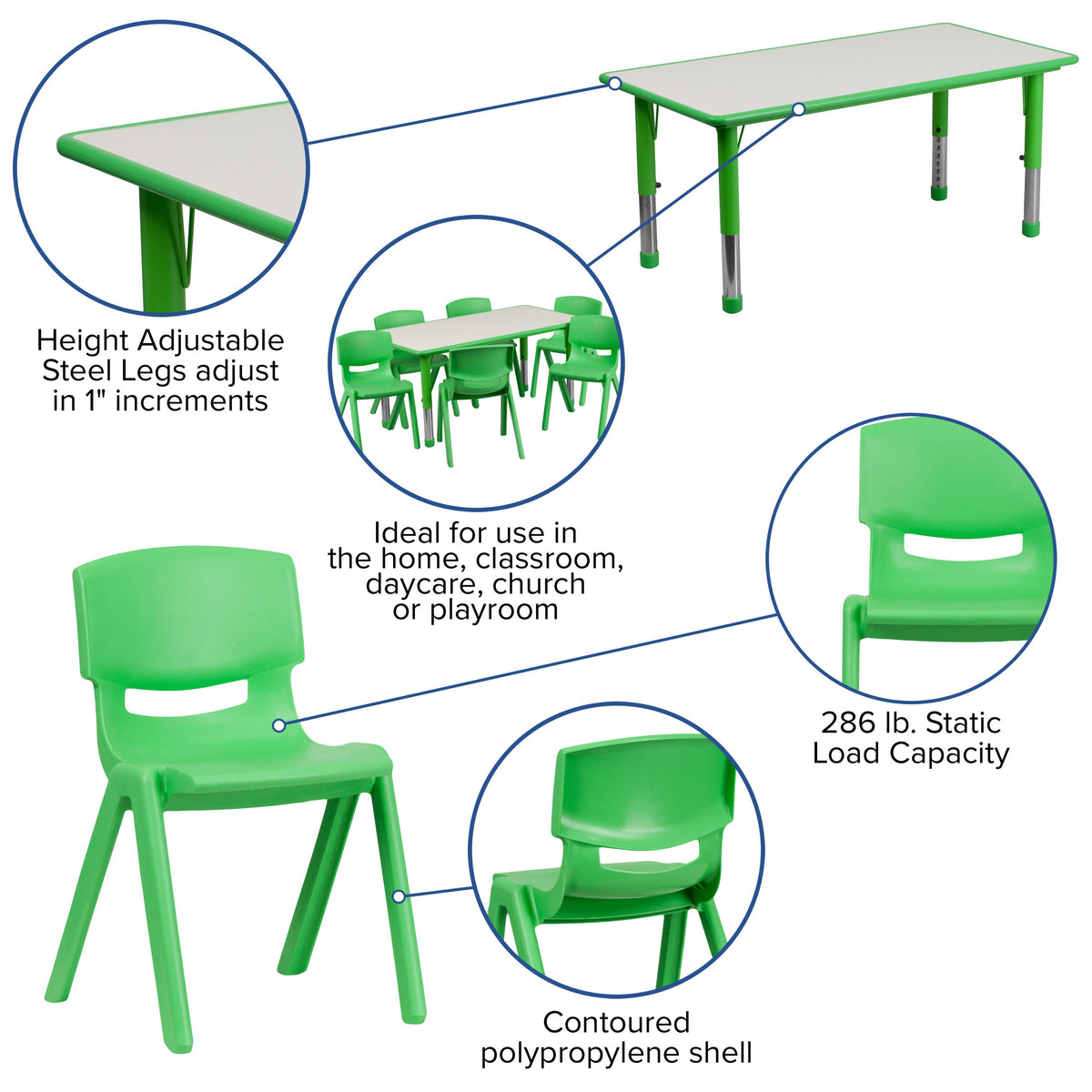 Green |#| 23.625inchW x 47.25inchL Rectangular Green Plastic Activity Table Set with 6 Chairs