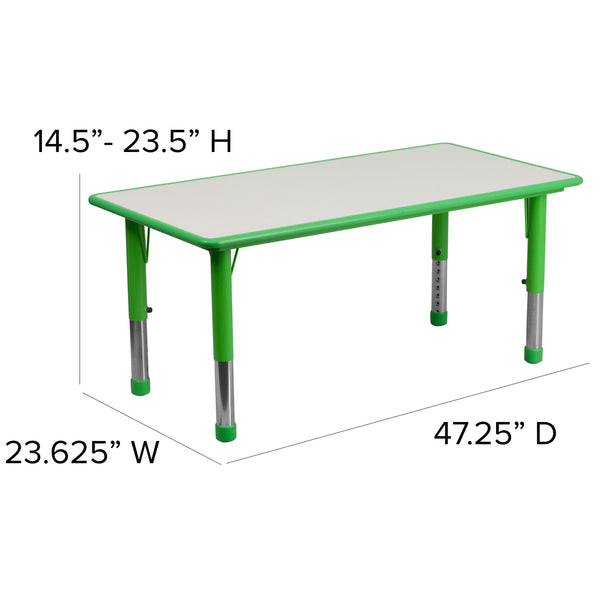Green |#| 23.625inchW x 47.25inchL Rectangular Green Plastic Activity Table Set with 6 Chairs