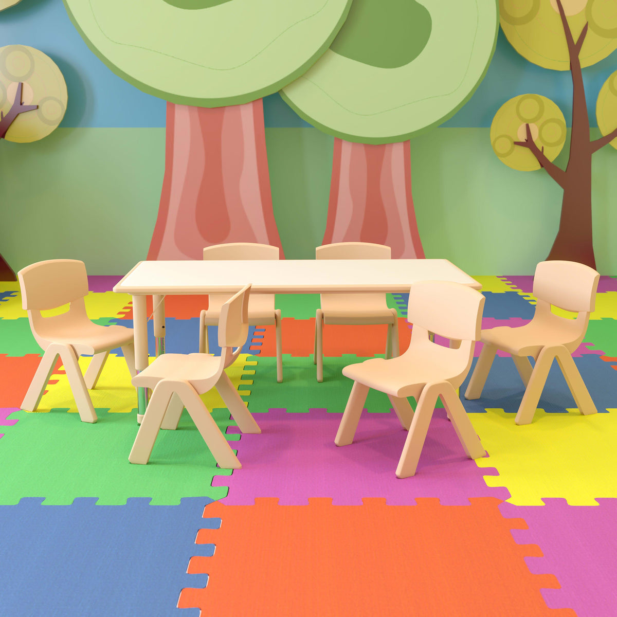 Natural |#| 23.625inchW x 47.25inchL Rectangle Natural Plastic Activity Table Set with 6 Chairs