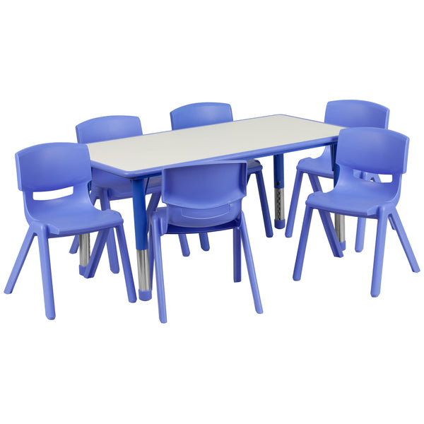 Blue |#| 23.625inchW x 47.25inchL Rectangular Blue Plastic Activity Table Set with 6 Chairs