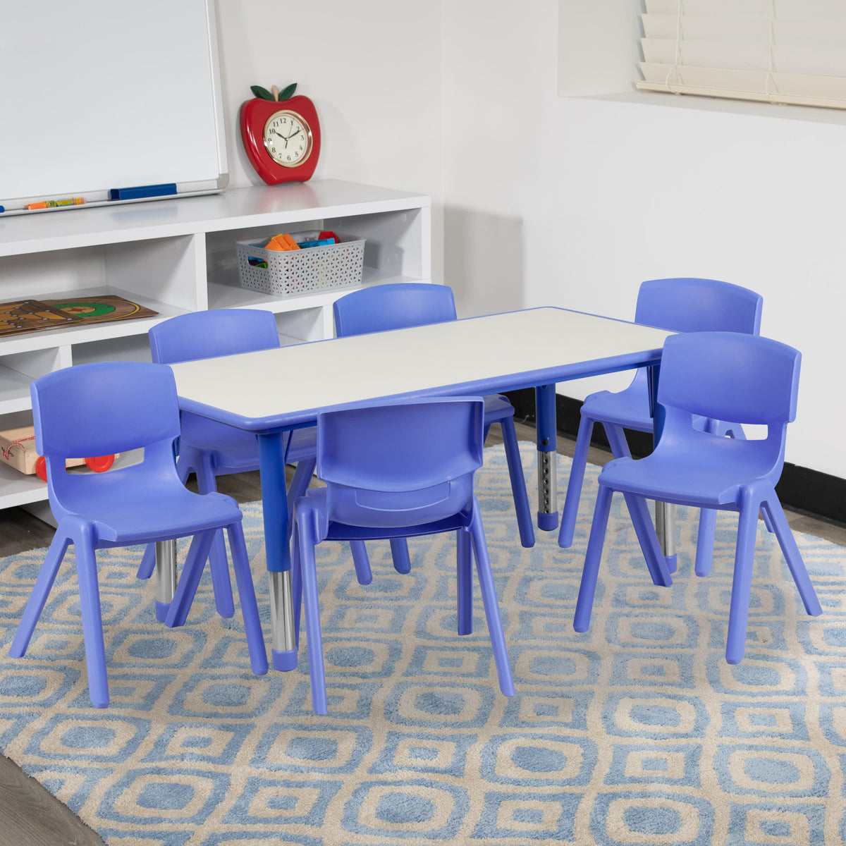 Blue |#| 23.625inchW x 47.25inchL Rectangular Blue Plastic Activity Table Set with 6 Chairs