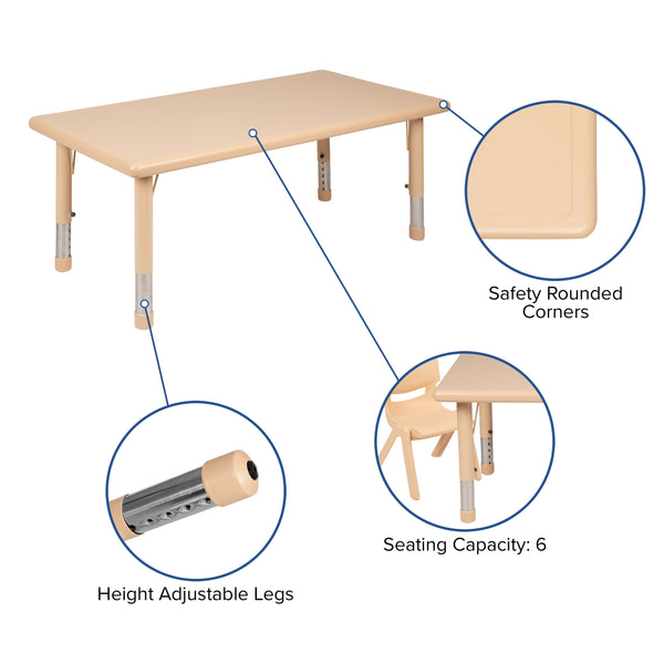 Natural |#| 24inchW x 48inchL Rectangle Natural Plastic Adjustable Activity Table Set - 4 Chairs