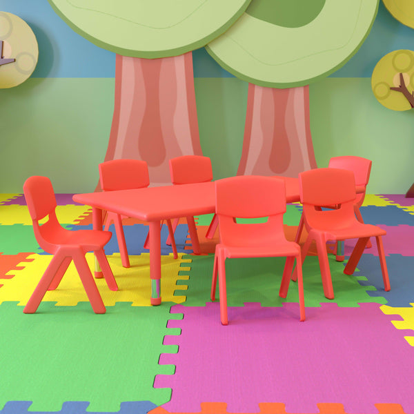 Red |#| 24inchW x 48inchL REC Red Plastic Height Adjustable Activity Table Set - 6 Chairs