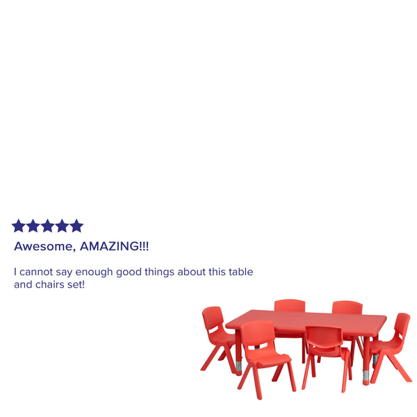 Red |#| 24inchW x 48inchL REC Red Plastic Height Adjustable Activity Table Set - 6 Chairs