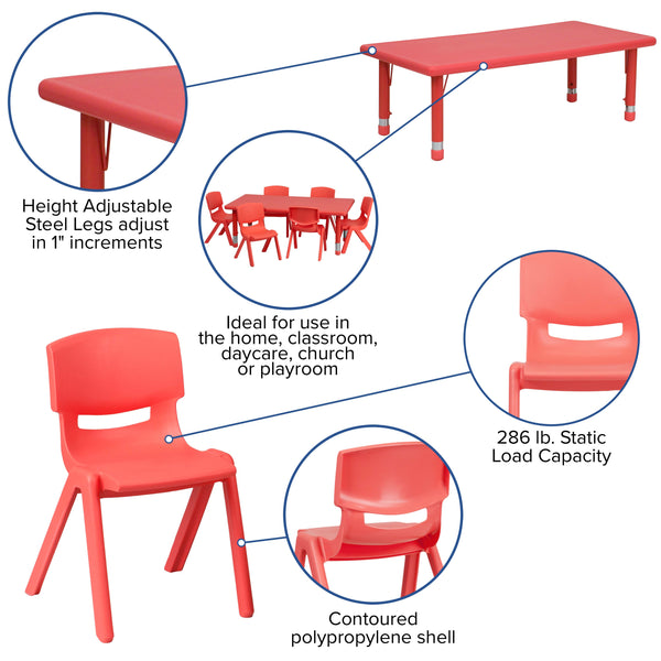 Red |#| 24inchW x 48inchL REC Red Plastic Height Adjustable Activity Table Set - 6 Chairs