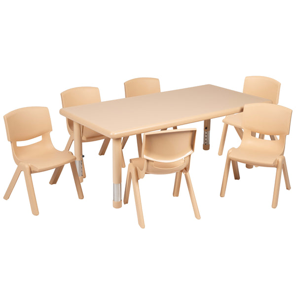 Natural |#| 24inchW x 48inchL Rectangle Natural Plastic Adjustable Activity Table Set - 6 Chairs