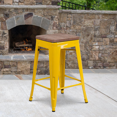 24" High Backless Metal Counter Height Stool with Square Wood Seat - View 2