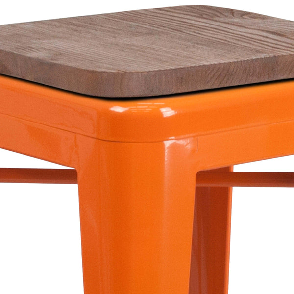 Orange |#| 24inch High Backless Orange Metal Counter Height Stool with Square Wood Seat