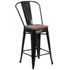 24" High Metal Counter Height Stool with Back and Wood Seat