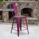 Purple |#| 24inch High Purple Metal Counter Height Stool with Back and Wood Seat