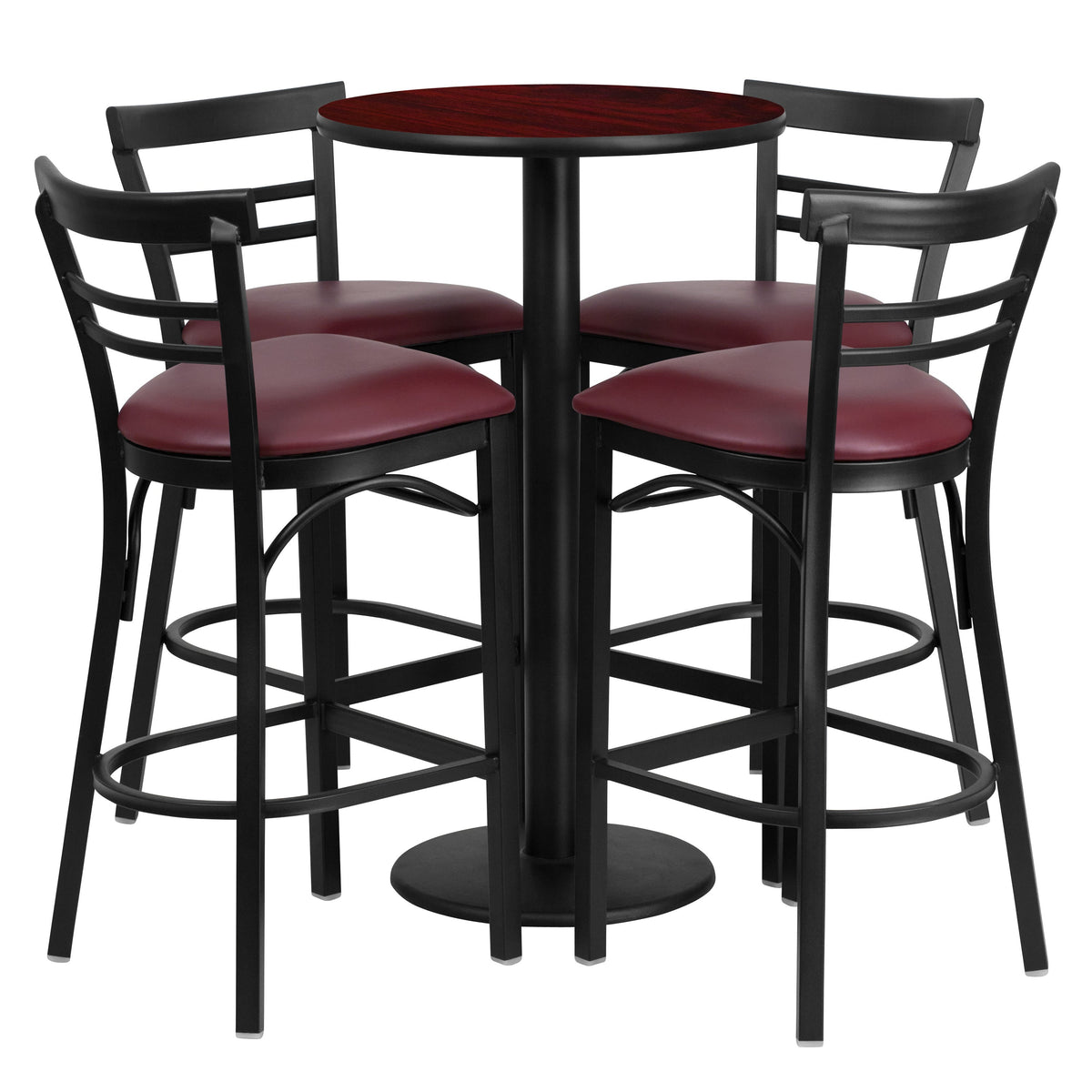 Mahogany Top/Burgundy Vinyl Seat |#| 24inch Round Mahogany Laminate Table w/ Round Base & 4 Ladder Back Metal Barstools