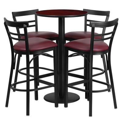 24'' Round Laminate Table Set with Round Base and 4 Two-Slat Ladder Back Metal Barstools - View 1
