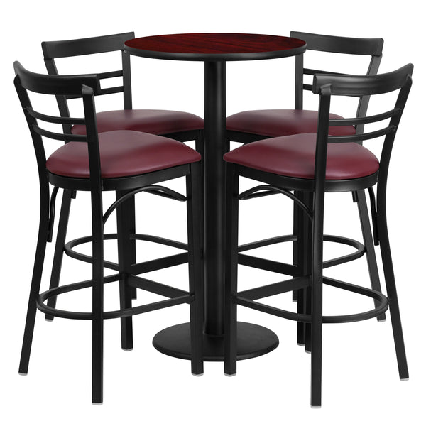 Mahogany Top/Burgundy Vinyl Seat |#| 24inch Round Mahogany Laminate Table w/ Round Base & 4 Ladder Back Metal Barstools