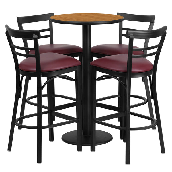 Natural Top/Burgundy Vinyl Seat |#| 24inch Round Natural Laminate Table w/ Round Base & 4 Ladder Back Metal Barstools