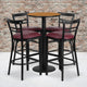 Natural Top/Burgundy Vinyl Seat |#| 24inch Round Natural Laminate Table w/ Round Base & 4 Ladder Back Metal Barstools